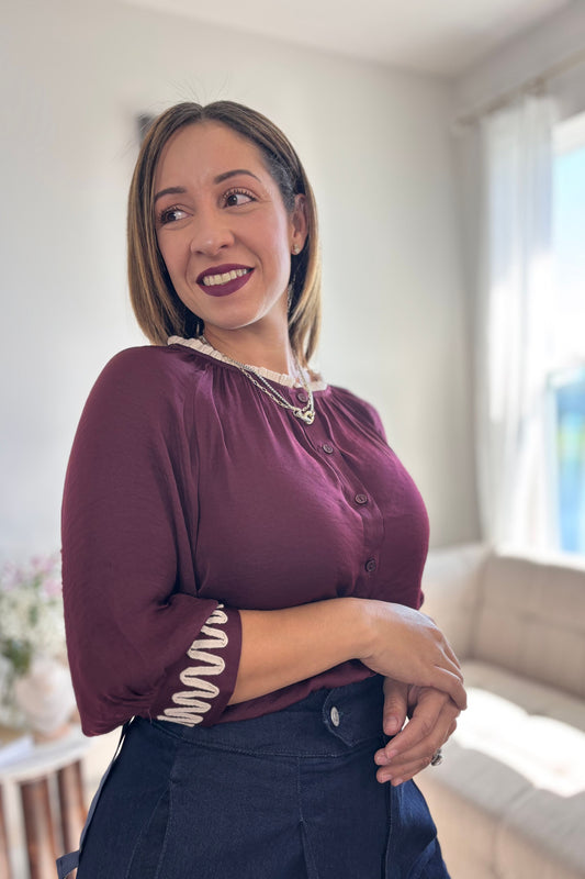 AMARIS TOP-WINE BLOUSE WITH BEIGE DETAILS