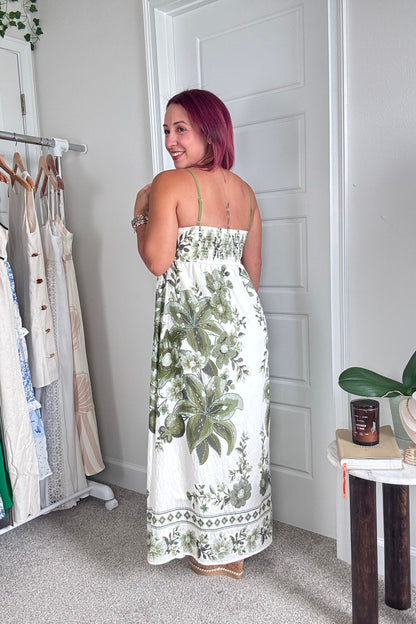 Olive Green Floral Midi Dress