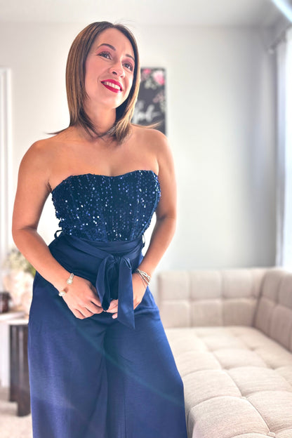DREAM JUMPSUIT- NAVY SEQUIN JUMPSUIT