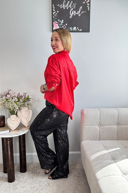 LUMINOUS JOY BLOUSE- RED SATIN TOP