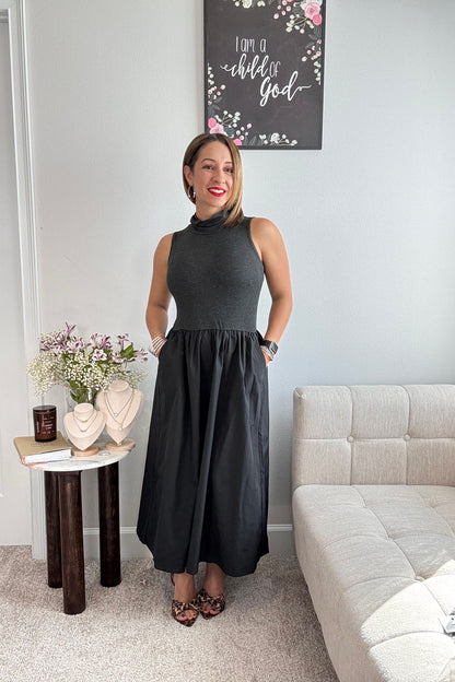 DIVINE MIDI DRESS- GRAY AND BLACK TURTLE NECK