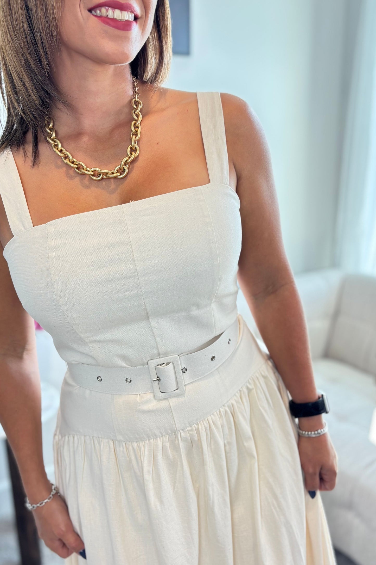 LIGHT BEIGE WITH BELT MIDI DRESS