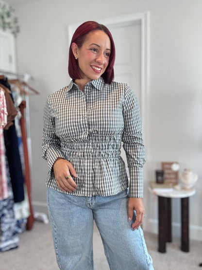 Plaid Collared Shirred Waist Long Sleeve Shirt