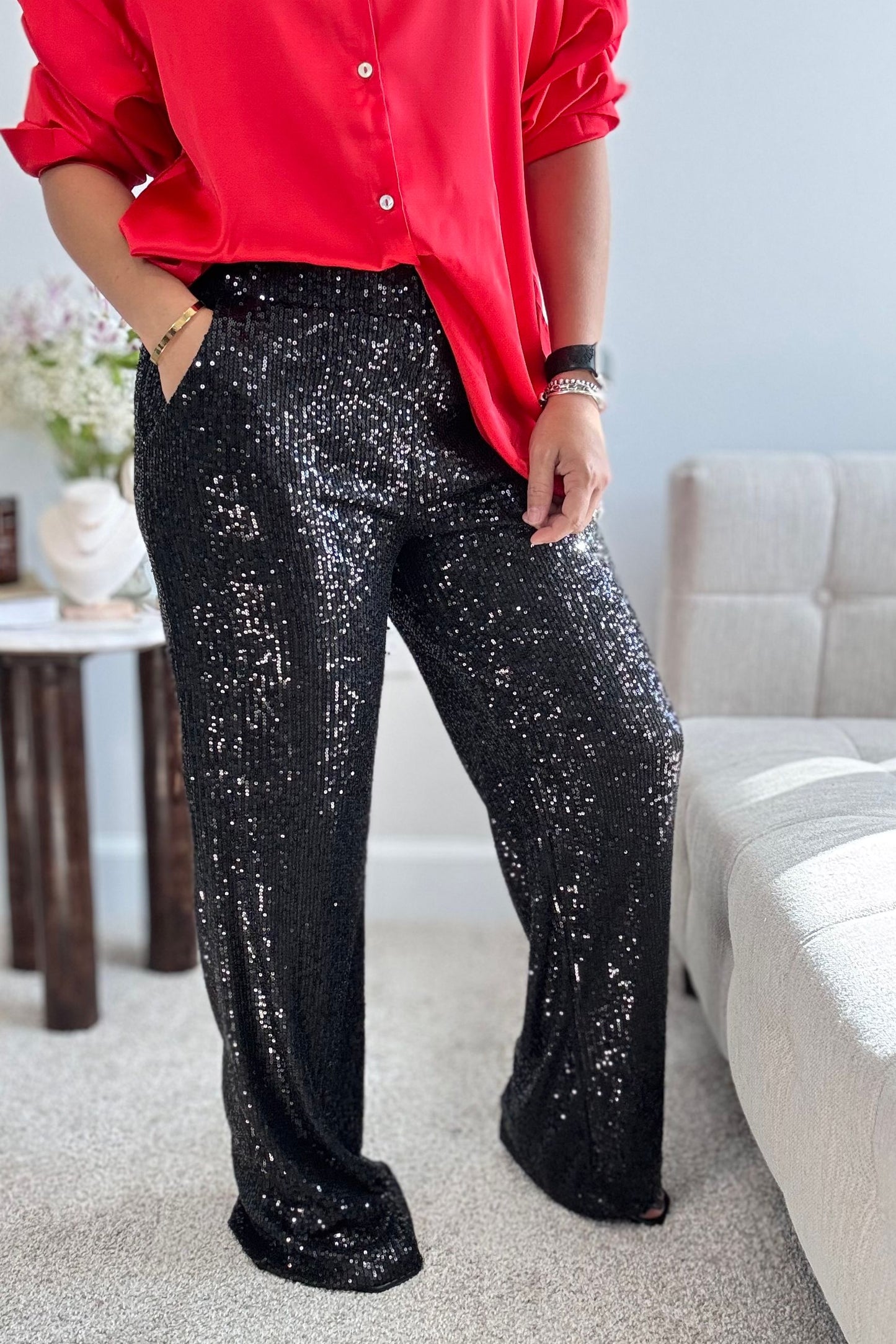 MIDNIGHT SPARK PANTS- BLACK SEQUIN TROUSER