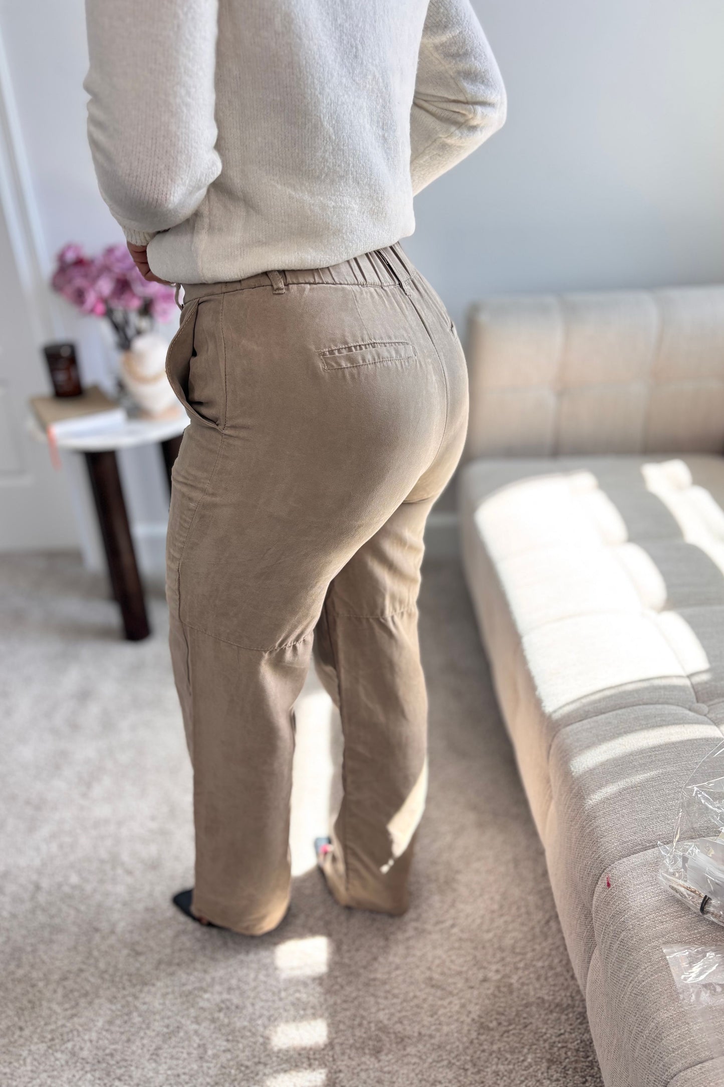 BEIGE SUEDE STRAIGHT LEG PANTS