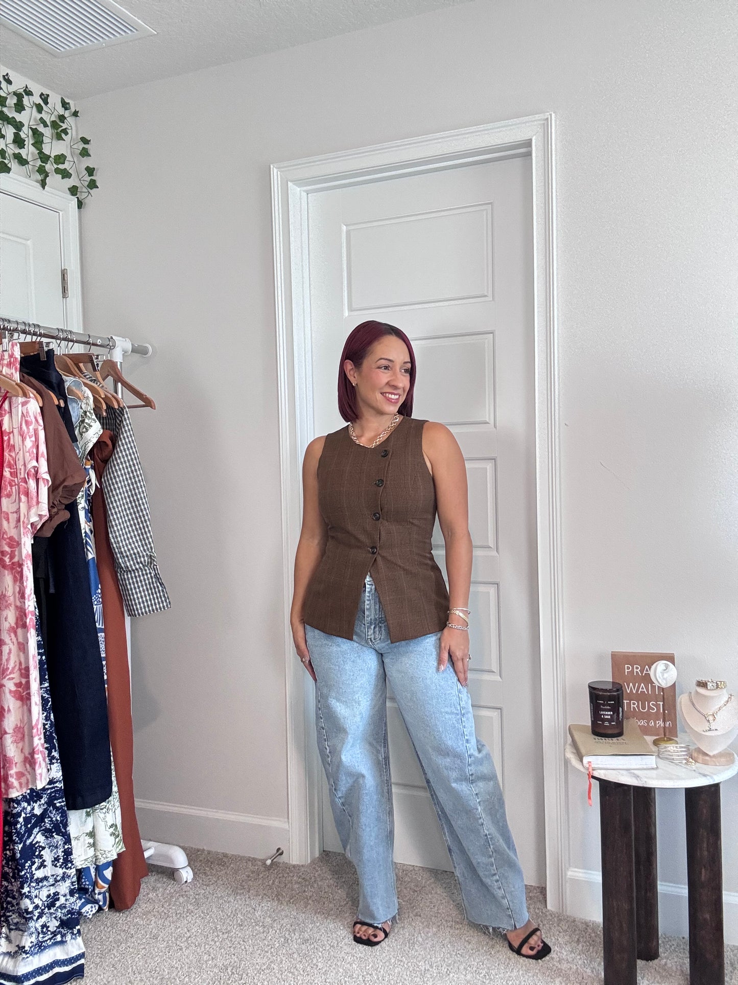 Asymmetrical Plaid Button Front Vest Top