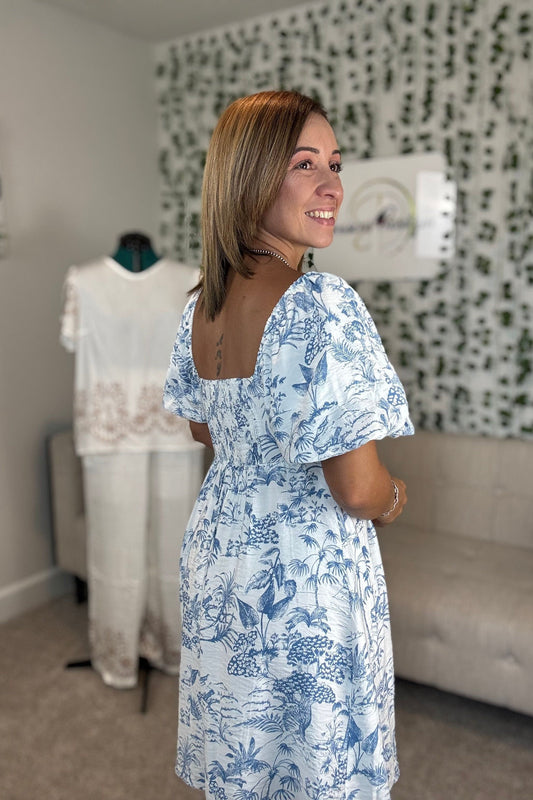 PUFF SLEEVE MINI DRESS-BLUE
