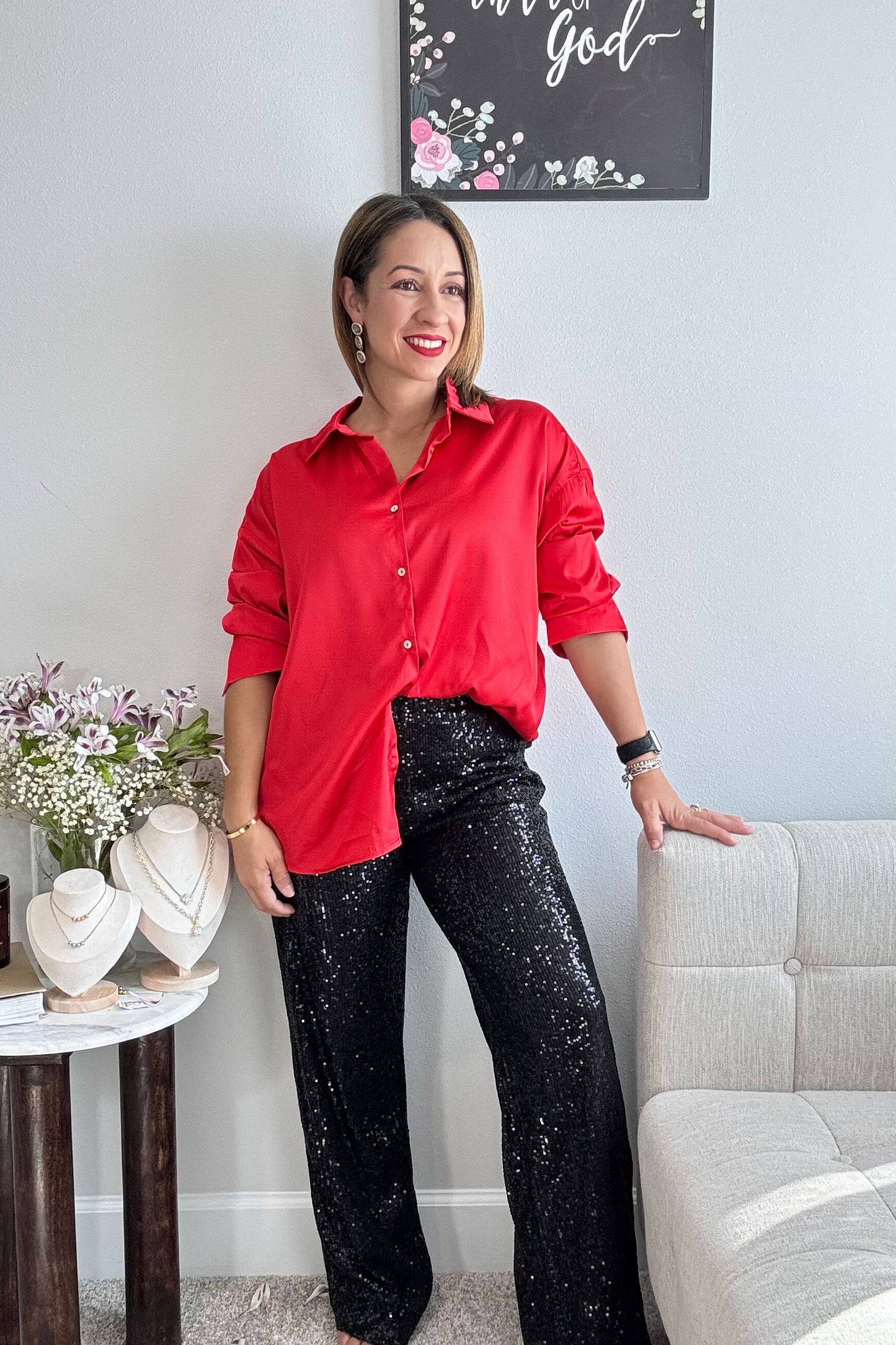 LUMINOUS JOY BLOUSE- RED SATIN TOP