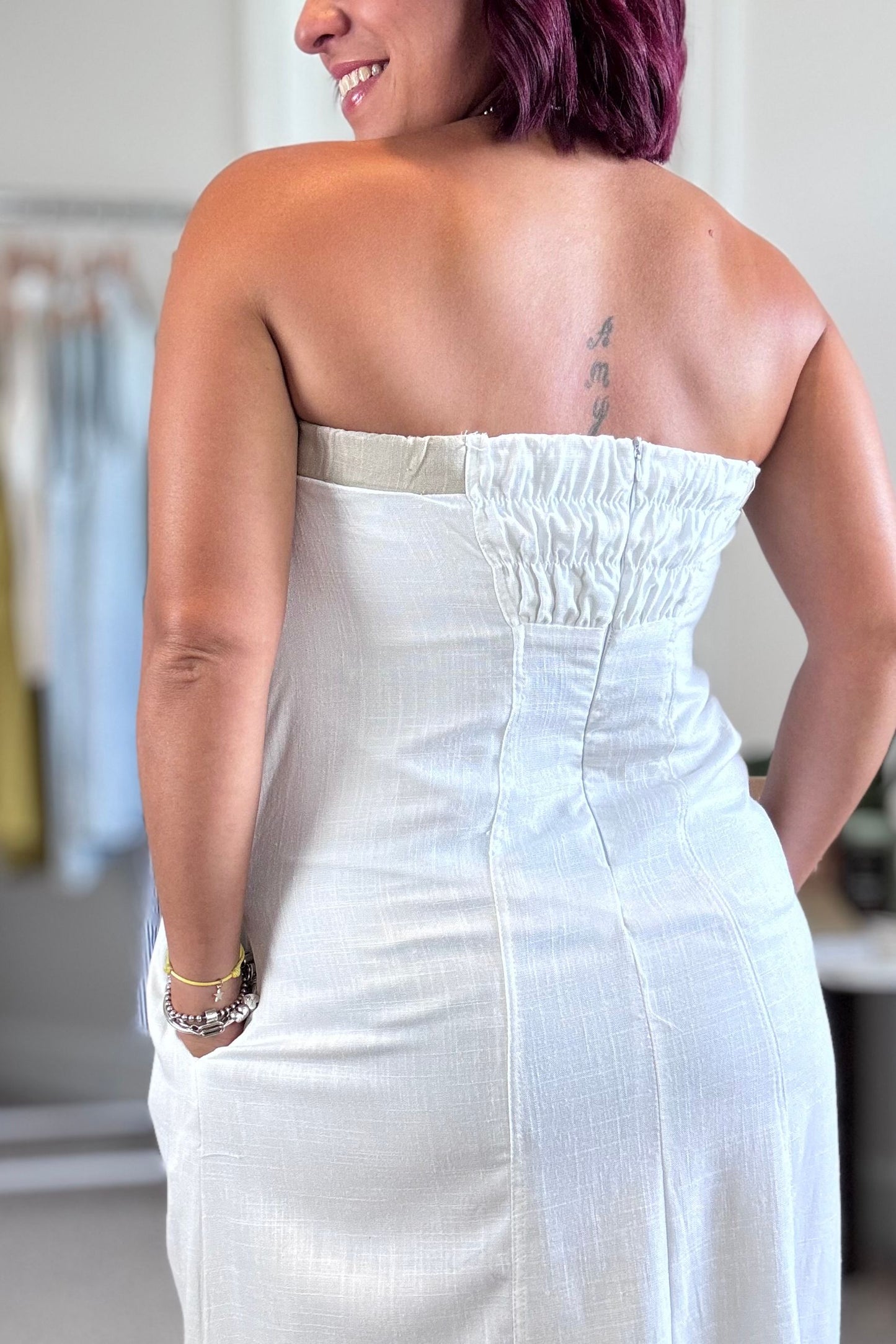 White strapless linen dress