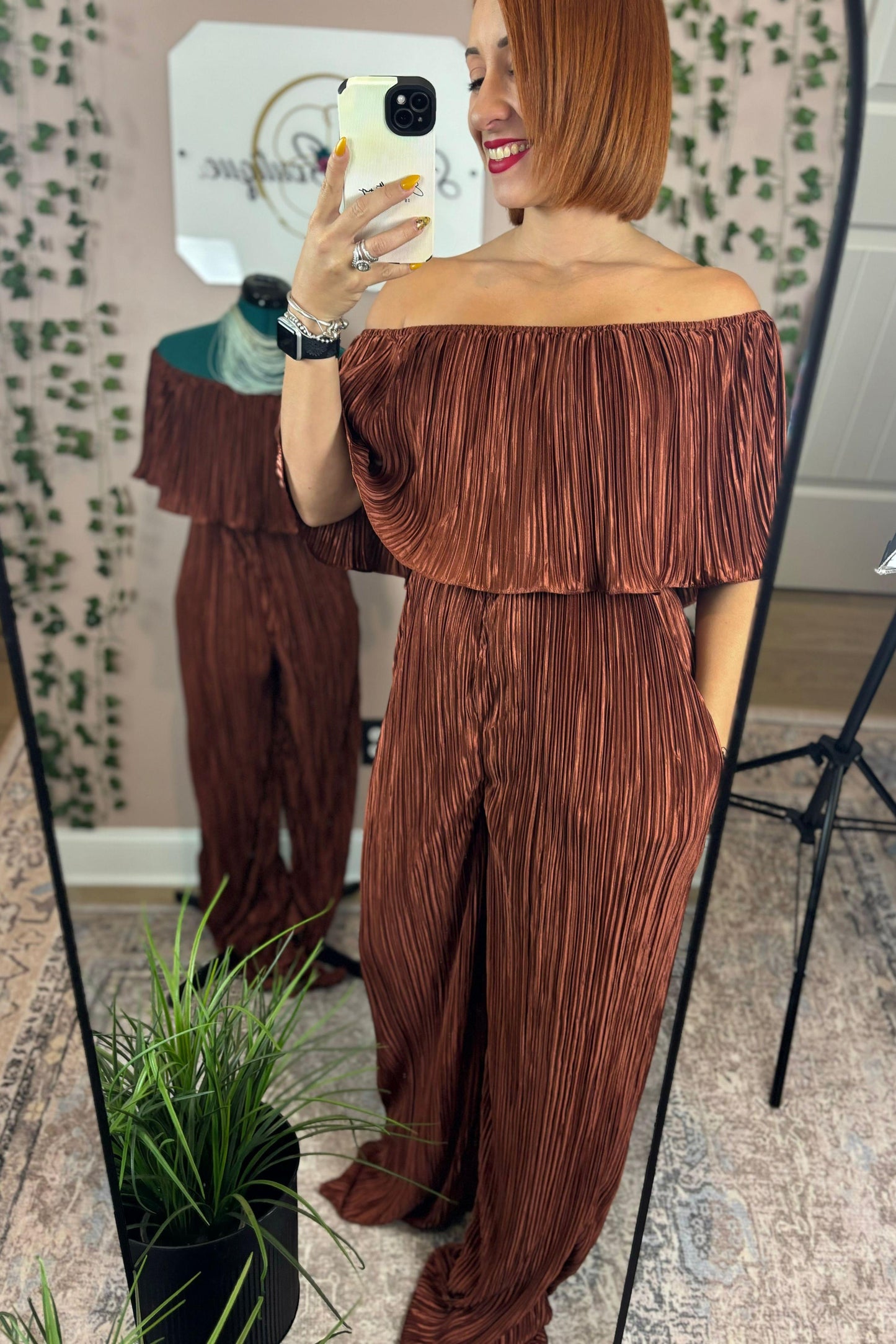 BROWN OFF SHOULDER JUMPSUIT