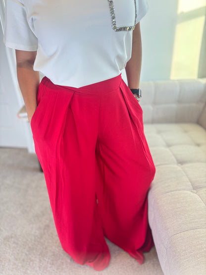 RADIANT RUBY PALAZZO- RED WIDE LEG PANTS