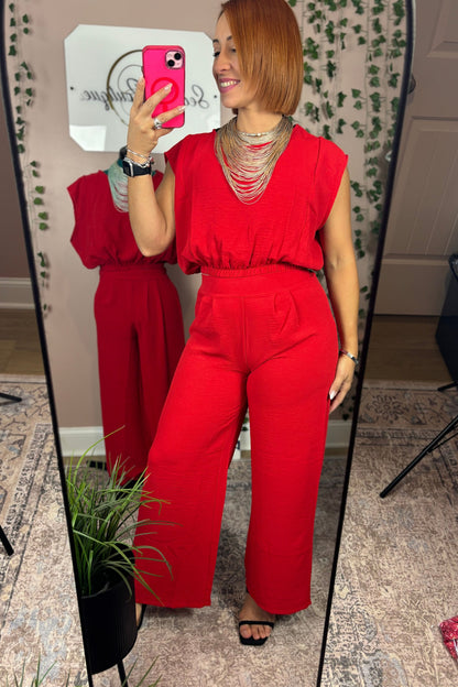 RED CROP TOP AND PANT SET