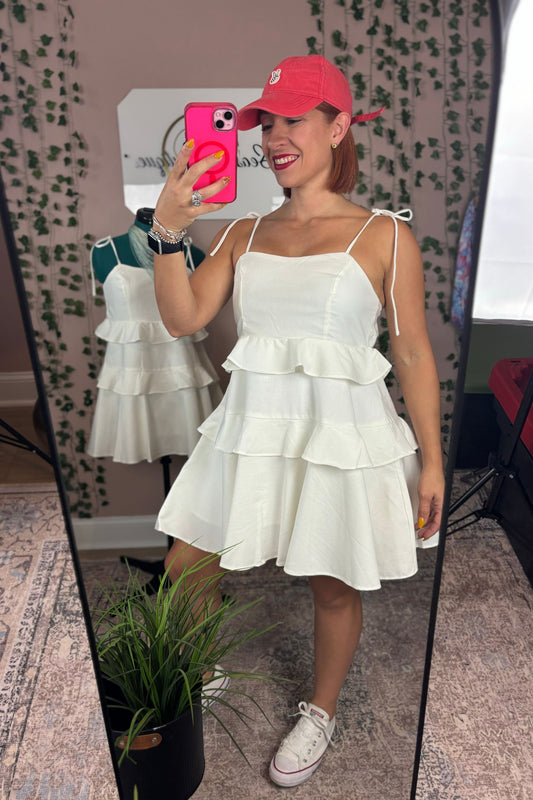 WHITE LINEN RUFFLE MINI DRESS