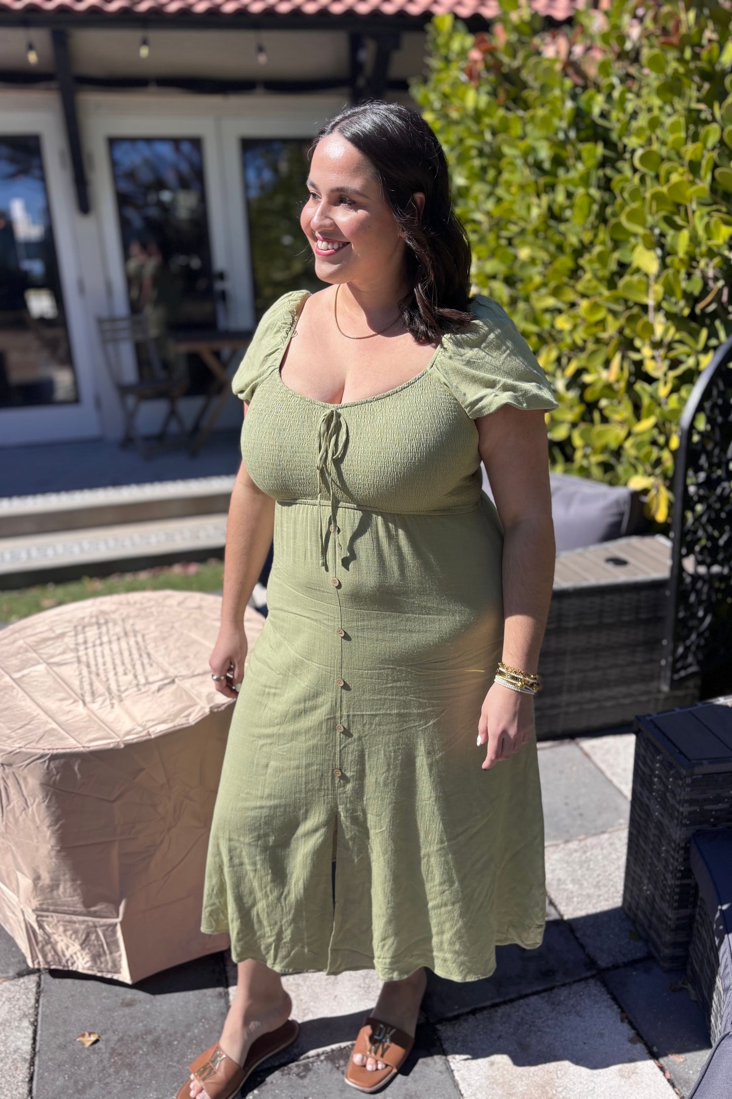 PLUS SIZES SMOCKED LIGHT OLIVE MIDI DRESS
