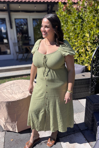 PLUS SIZES SMOCKED LIGHT OLIVE MIDI DRESS