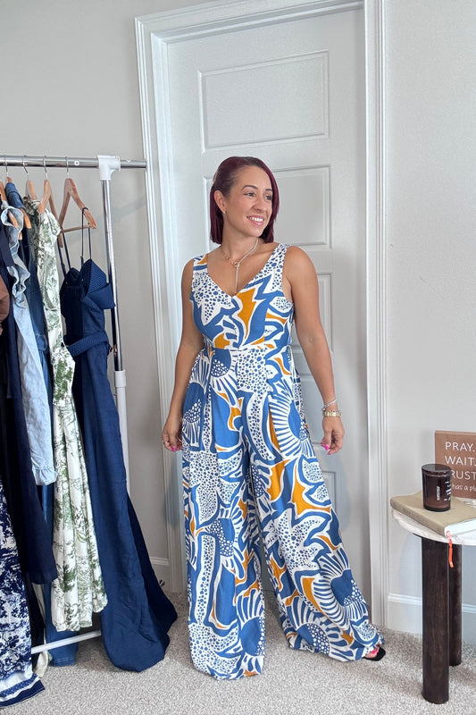 Printed Loose Fit V Neck Jumpsuit
