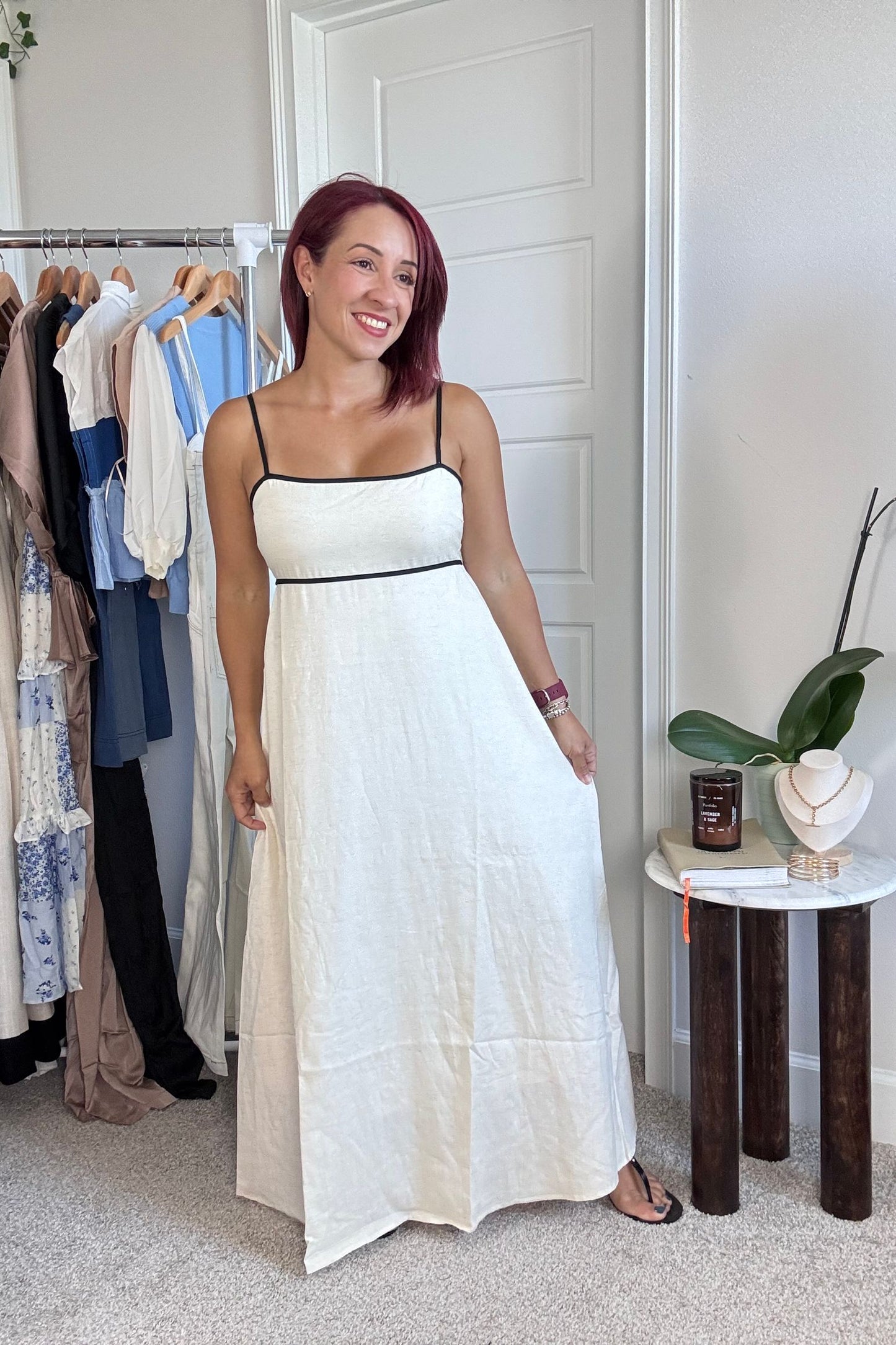 Contrast Trim Ivory and Black Midi Dress