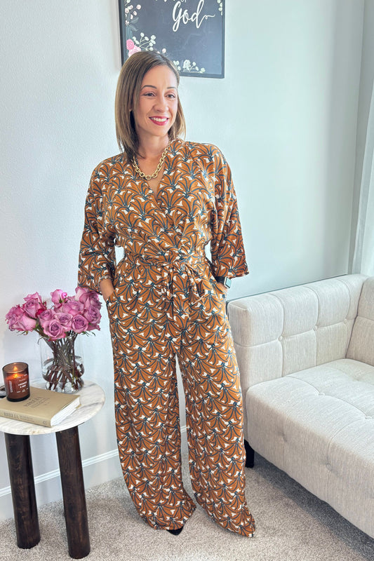COFFEE LEAF PRINTED WAIST BELT JUMPSUIT-ELEGANCE IS TIMELESS