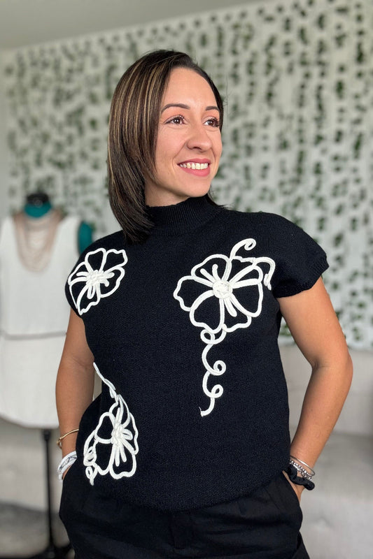 FLORAL TRIM BLACK SWEATER