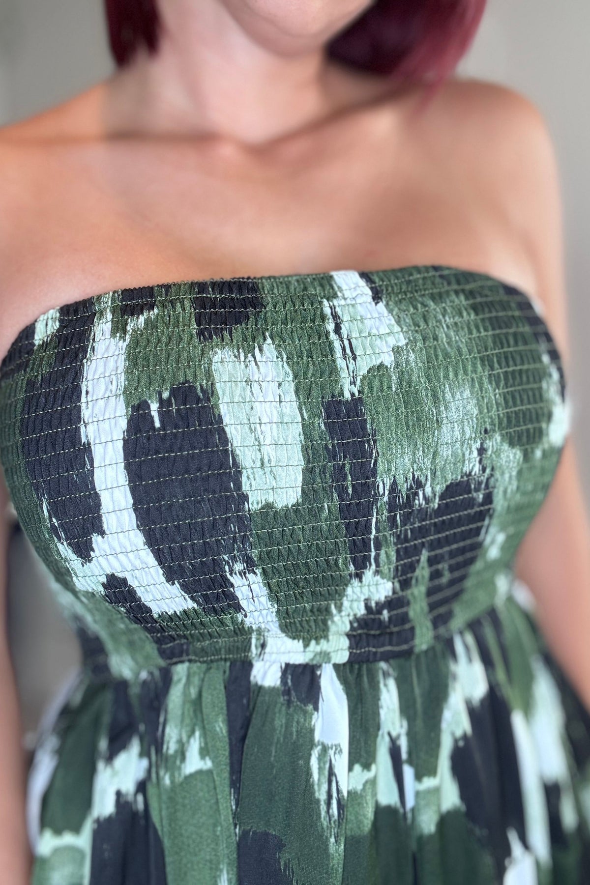Olive Abstract Print Strapless Wide Leg Jumpsuit