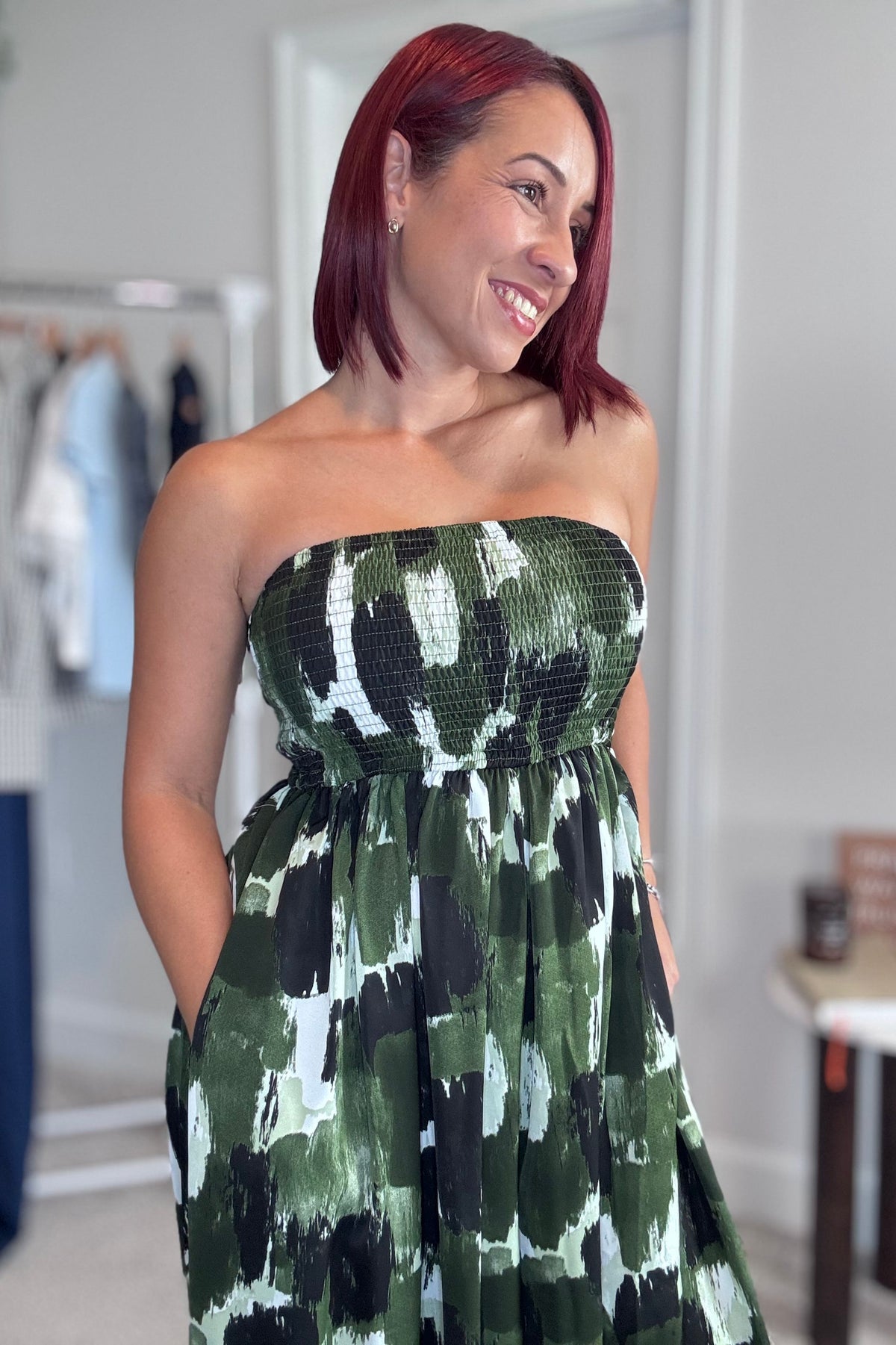 Olive Abstract Print Strapless Wide Leg Jumpsuit