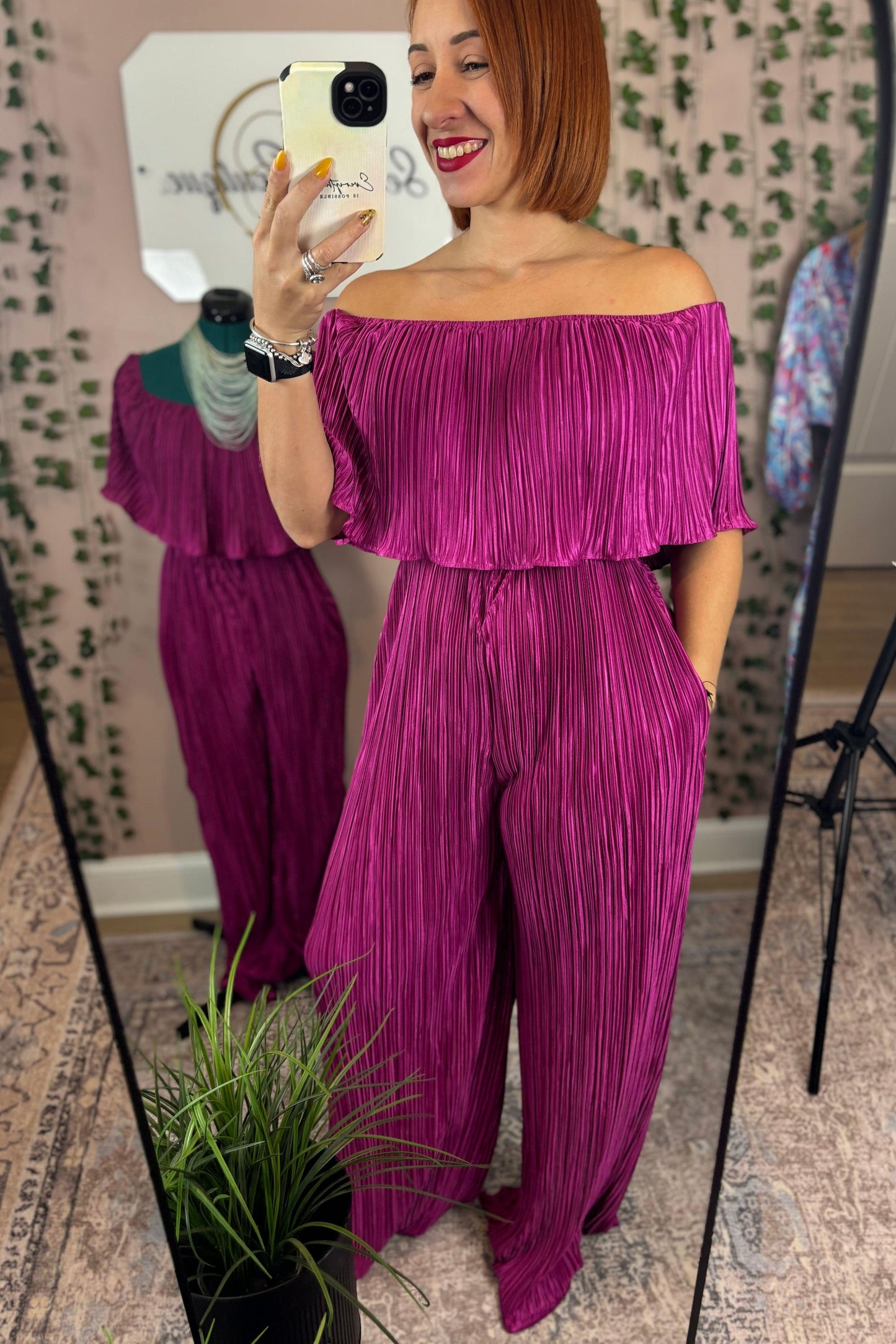 MAGENTA OFF SHOULDER JUMPSUIT