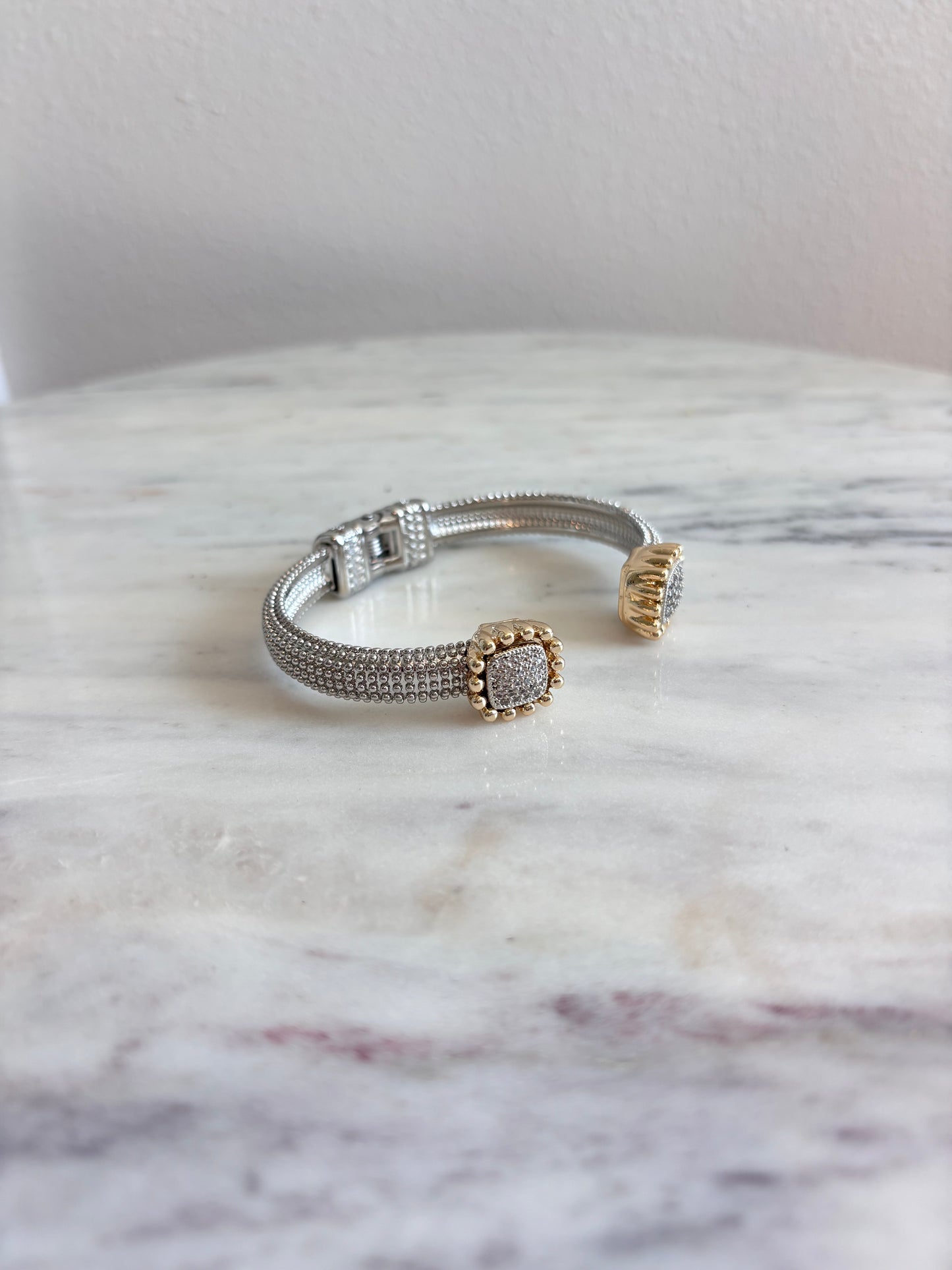 BENDECIDA TWO TONE SQUARE PAVE CZ EDGE CUFF BANGLE BRACELET – ELEGANT EVERYDAY ACCESSORY