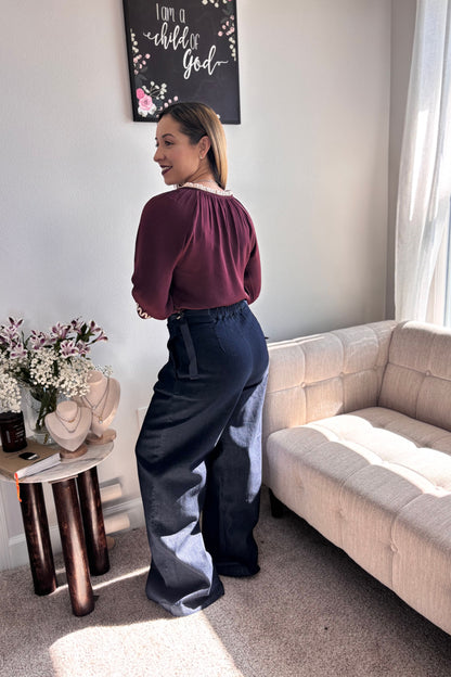 AMARIS TOP-WINE BLOUSE WITH BEIGE DETAILS