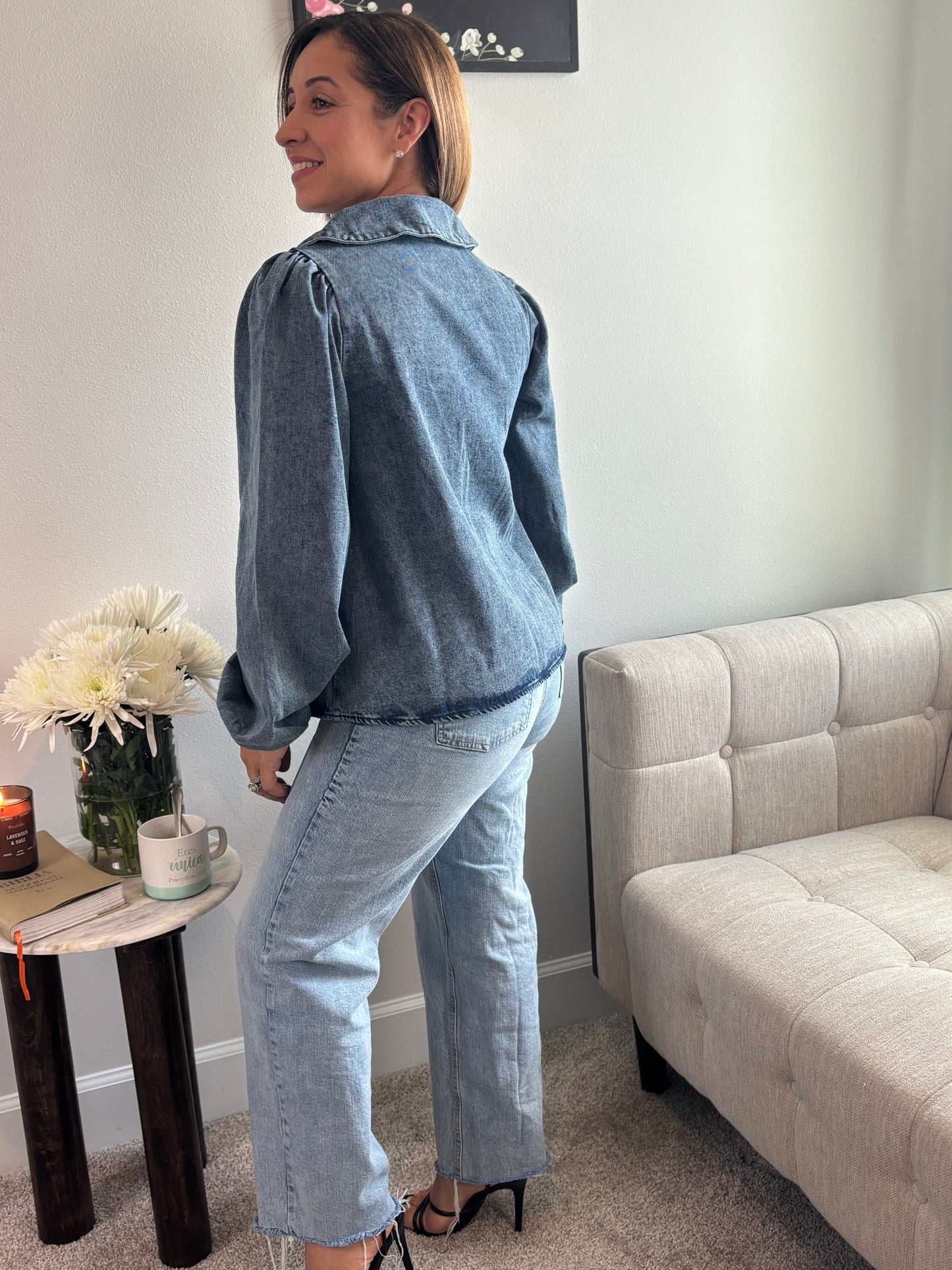 LONG SLEEVE FRONT BOW TIE DENIM TOP
