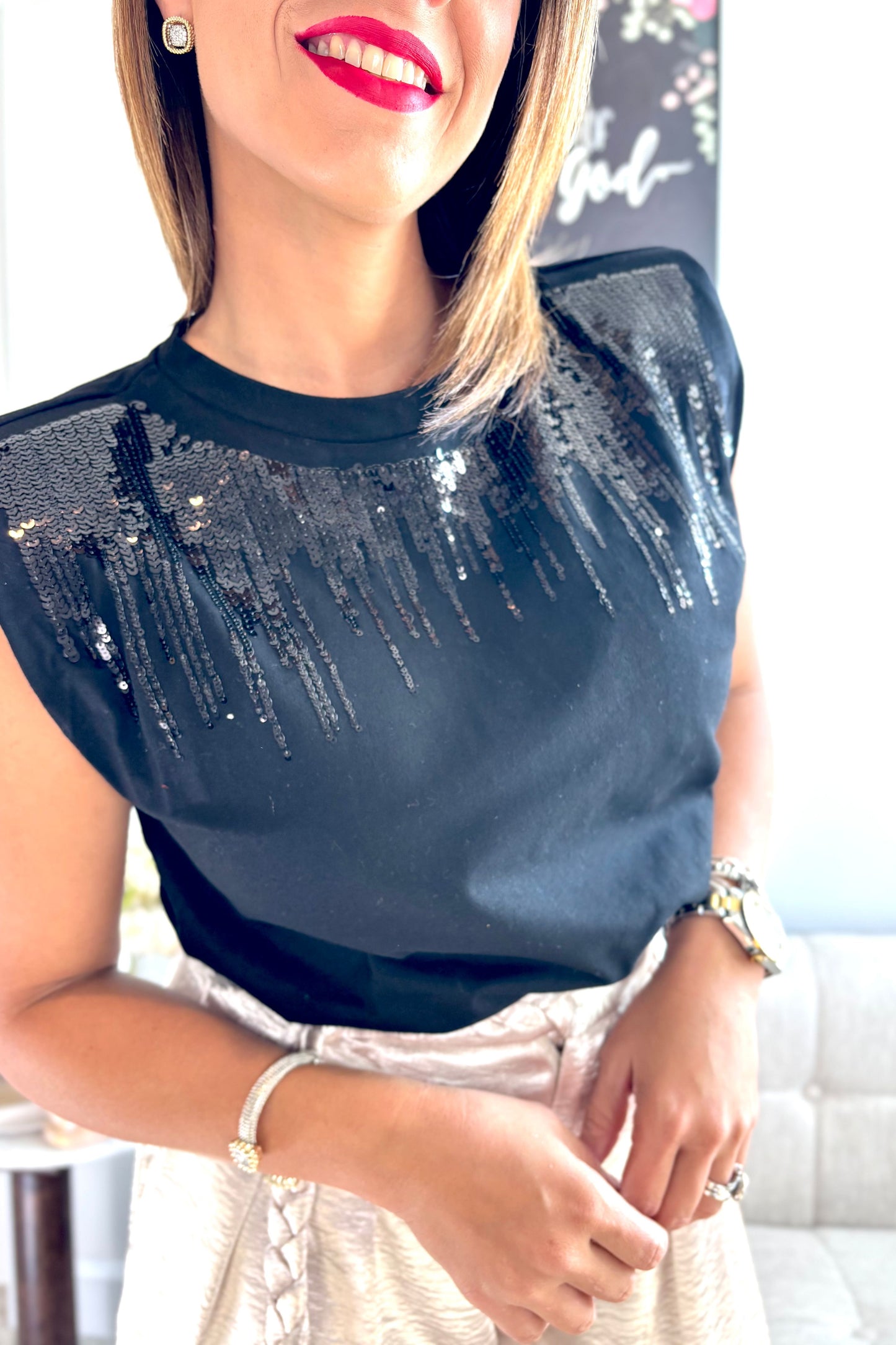 GRACEFUL TOP-BLACK SEQUIN SHIRT