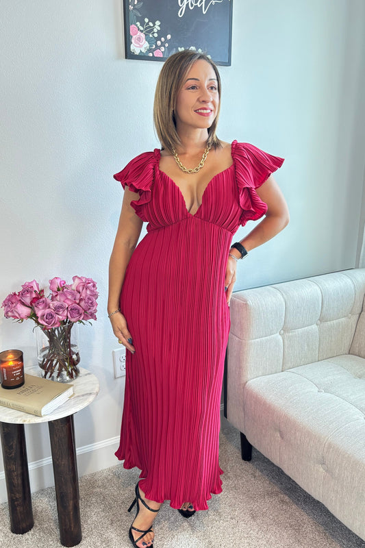 RED V-NECK FLUTTER SLEEVE PLEATED MIDI DRESS
