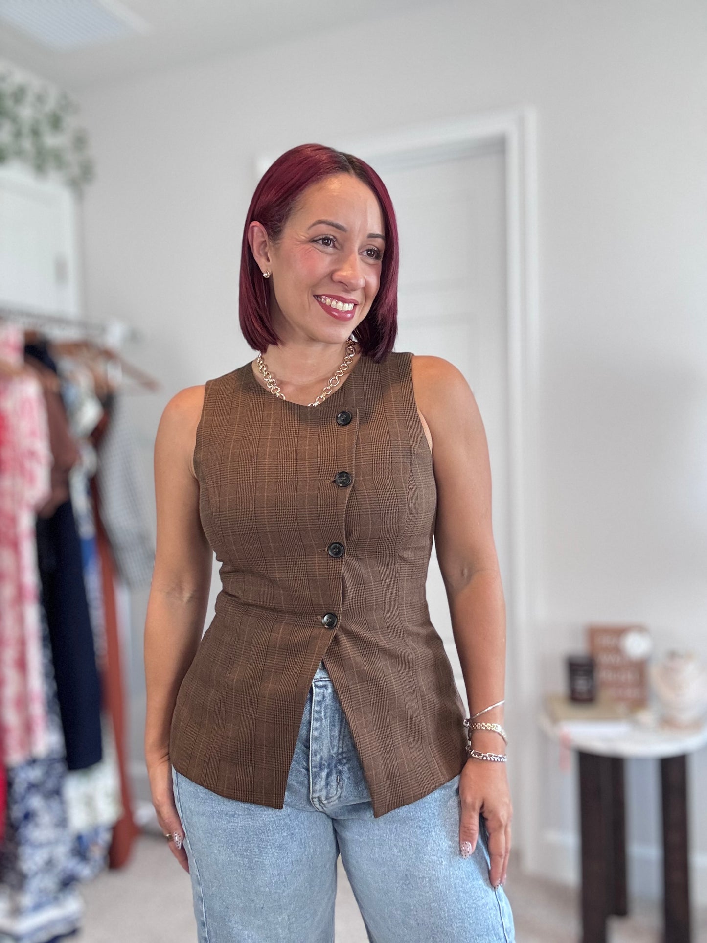 Asymmetrical Plaid Button Front Vest Top