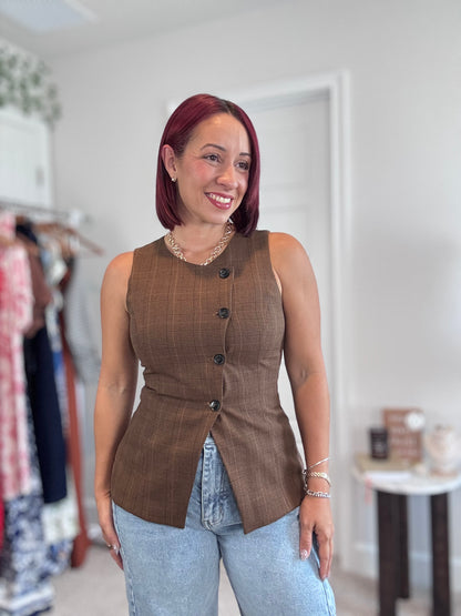 Asymmetrical Plaid Button Front Vest Top