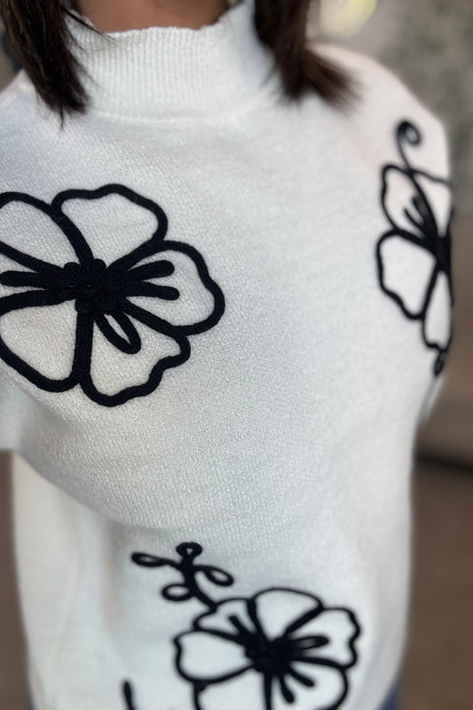 IVORY FLORAL TRIM SWEATER