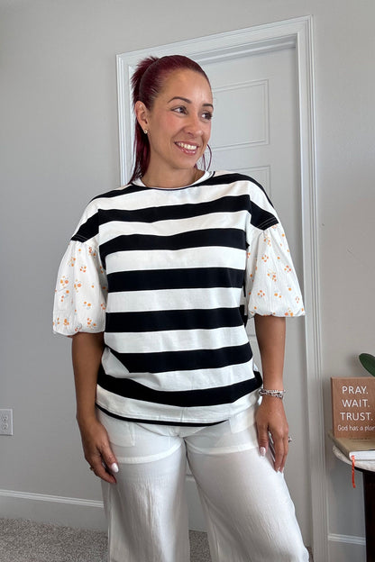 Stripe Floral Print Puff Sleeve Patchwork Blouse