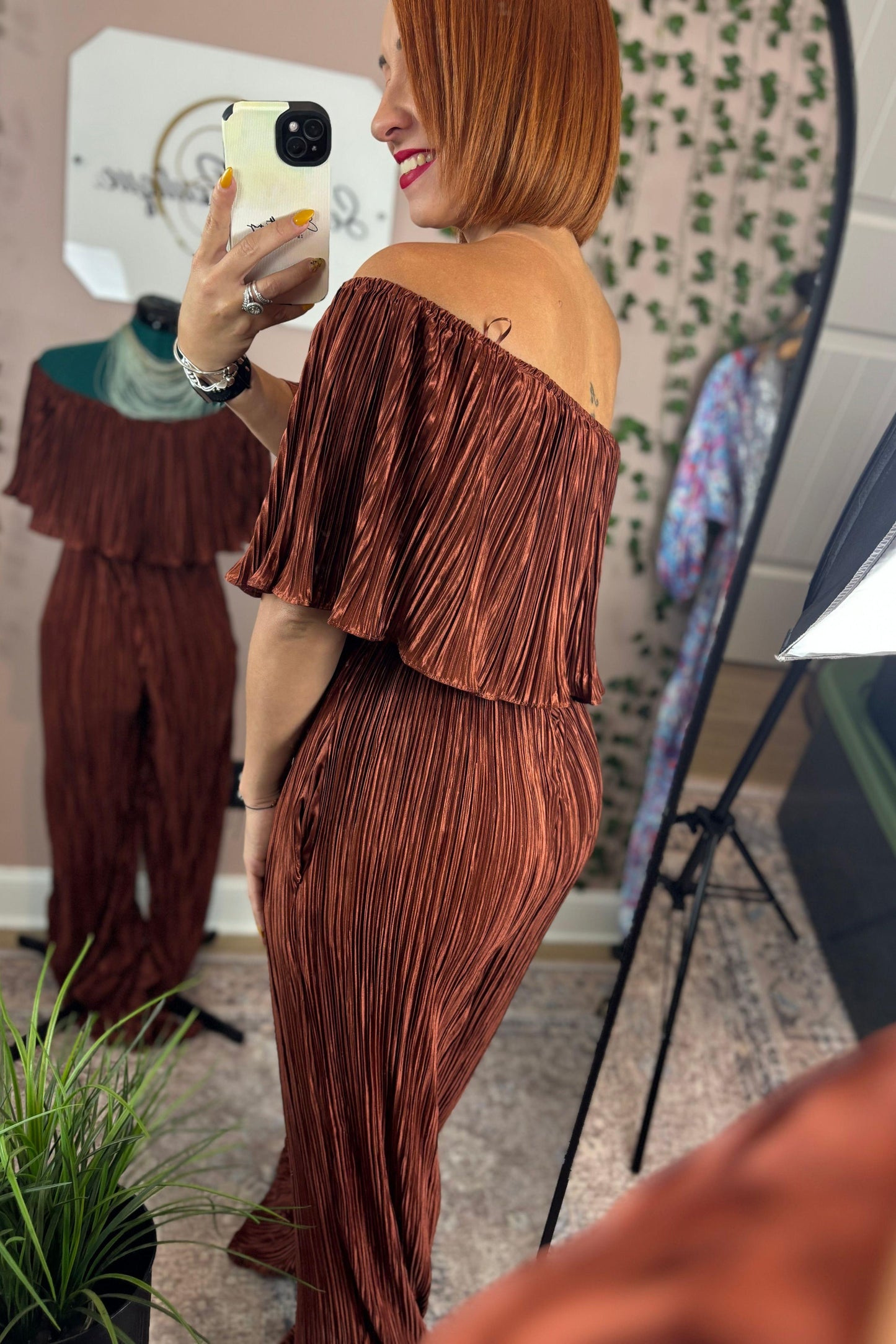 BROWN OFF SHOULDER JUMPSUIT