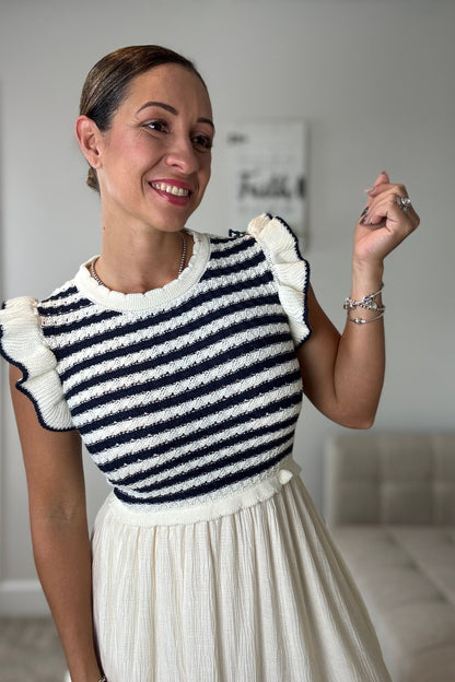 CROCHET NAVY AND CREAM MAXI DRESS