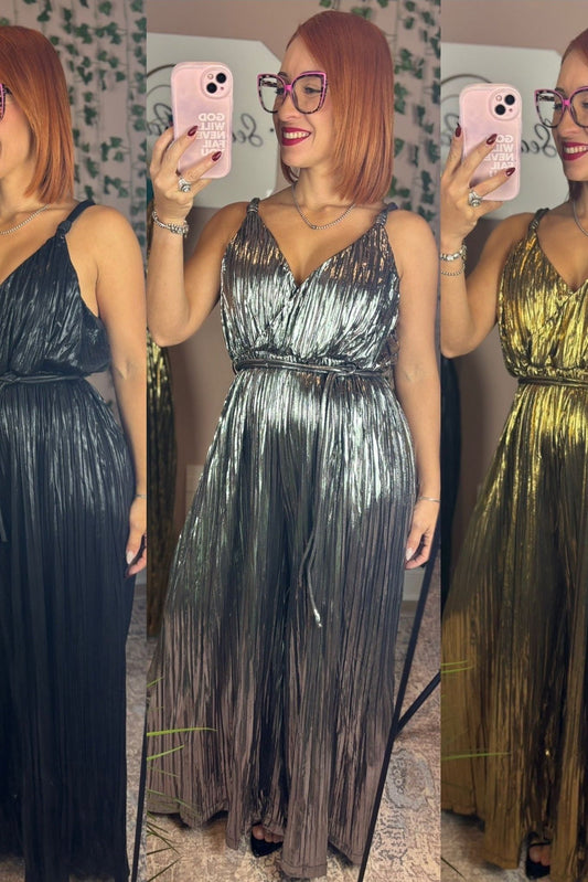 METALLIC PLEATED JUMPSUIT