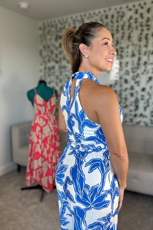 BLUE CRISSCROSS HALTER NECK JUMPSUIT
