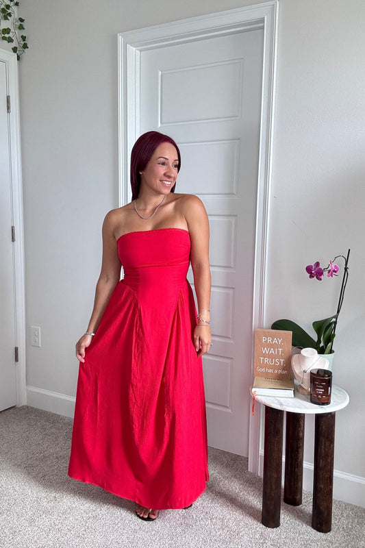 Lace Trim Strapples Midi Dress