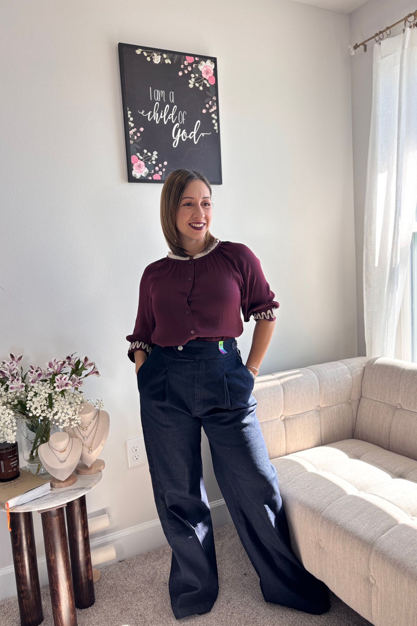 AMARIS TOP-WINE BLOUSE WITH BEIGE DETAILS