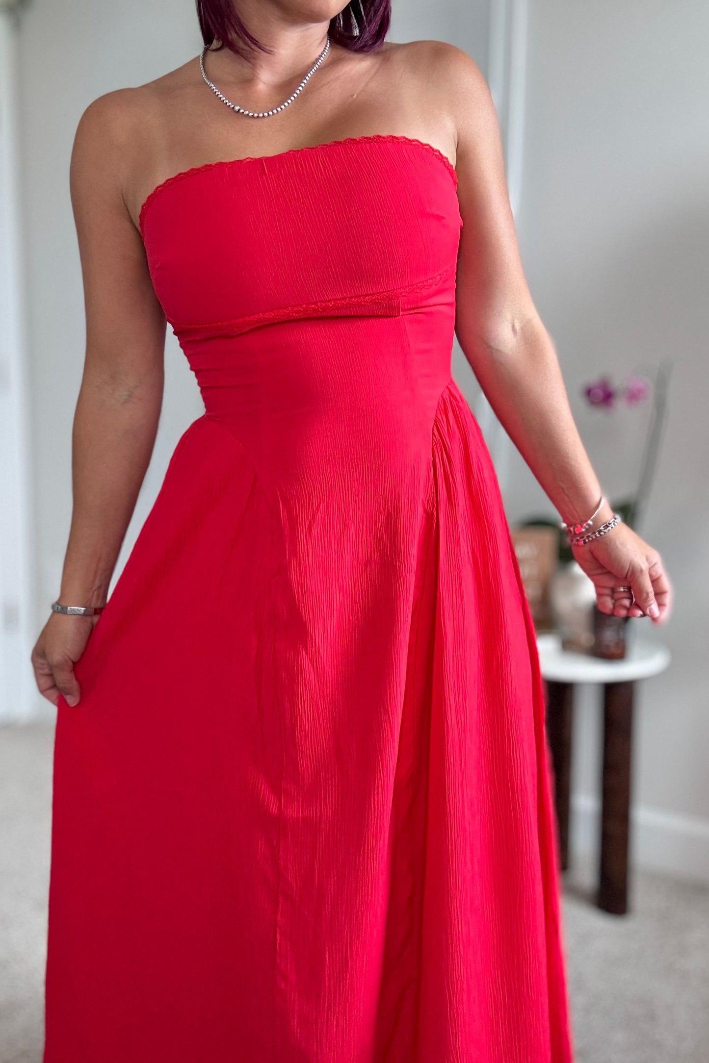 Lace Trim Strapples Midi Dress