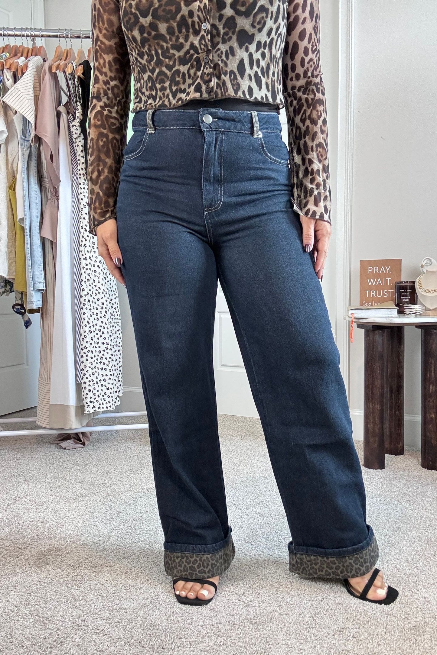 Leopard Cuff Wide Leg Cropped Denim Jeans