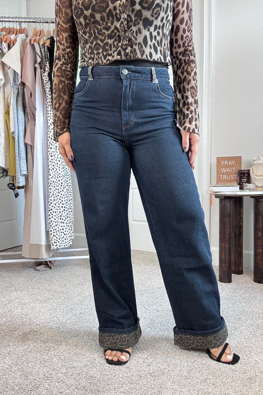 Leopard Cuff Wide Leg Cropped Denim Jeans