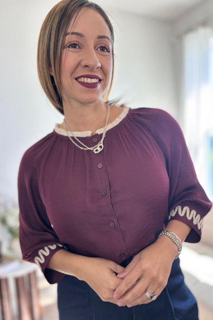 AMARIS TOP-WINE BLOUSE WITH BEIGE DETAILS