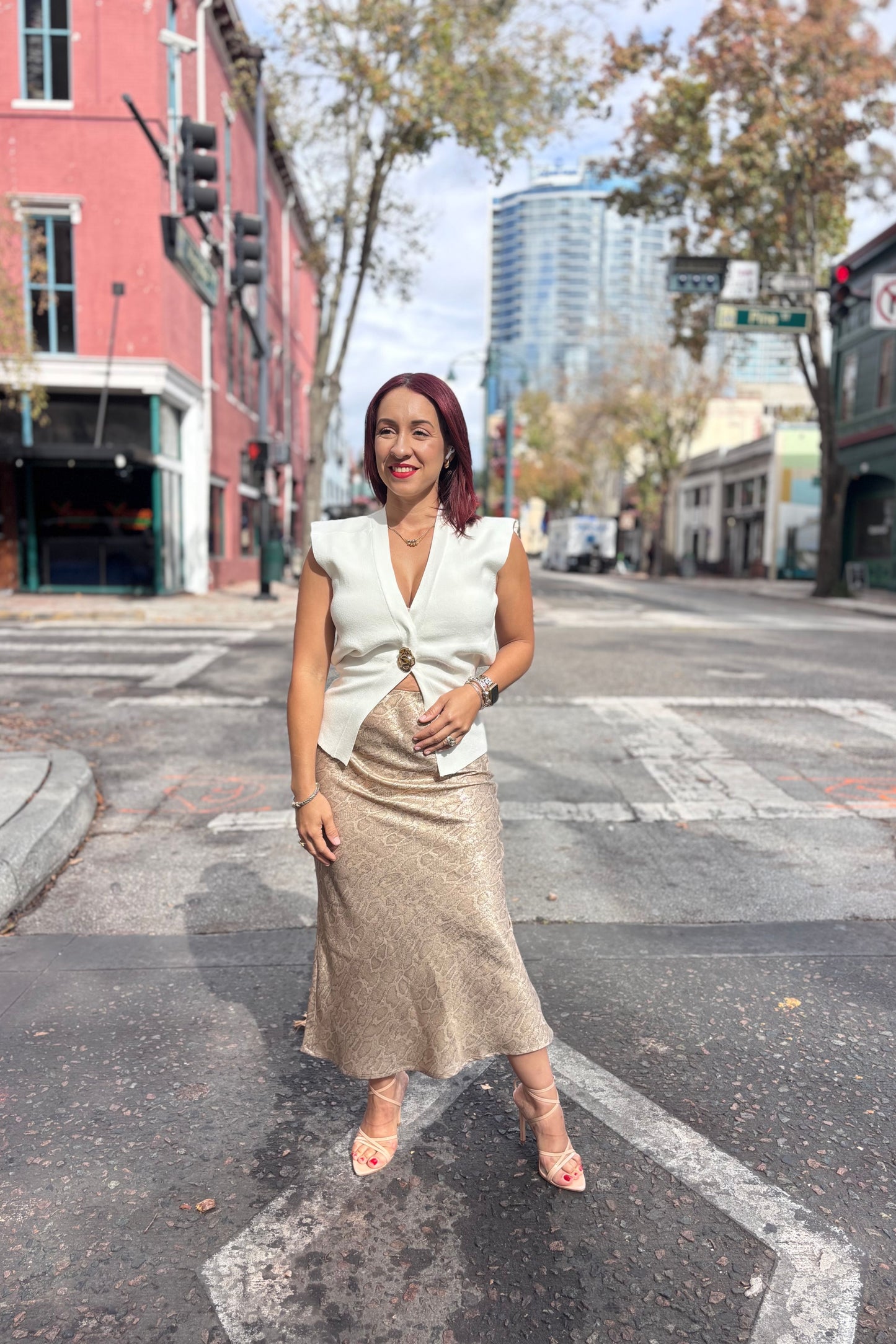 TAUPE SNAKE PRINT MIDI SKIRT