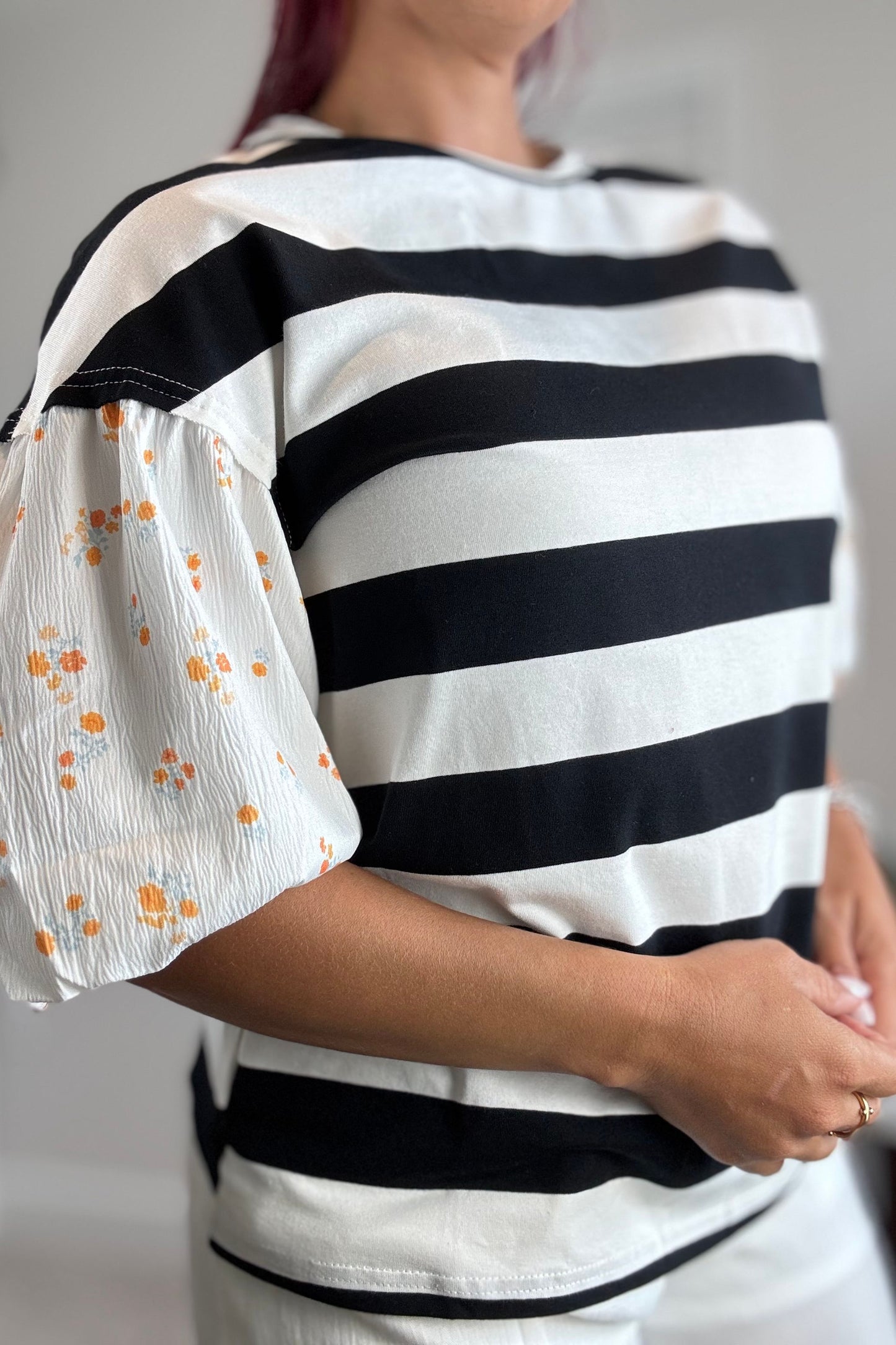 Stripe Floral Print Puff Sleeve Patchwork Blouse