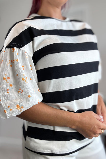 Stripe Floral Print Puff Sleeve Patchwork Blouse