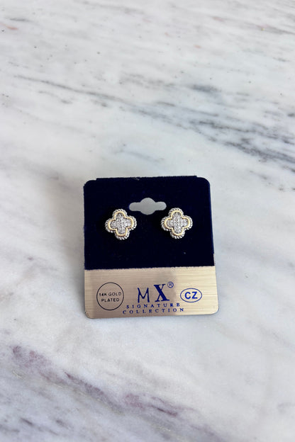 TWO-TONE CLOVER SHAPE DOUBLE MILGRAIN STUD POST EARRING – ELEGANT EVERYDAY EARRINGS