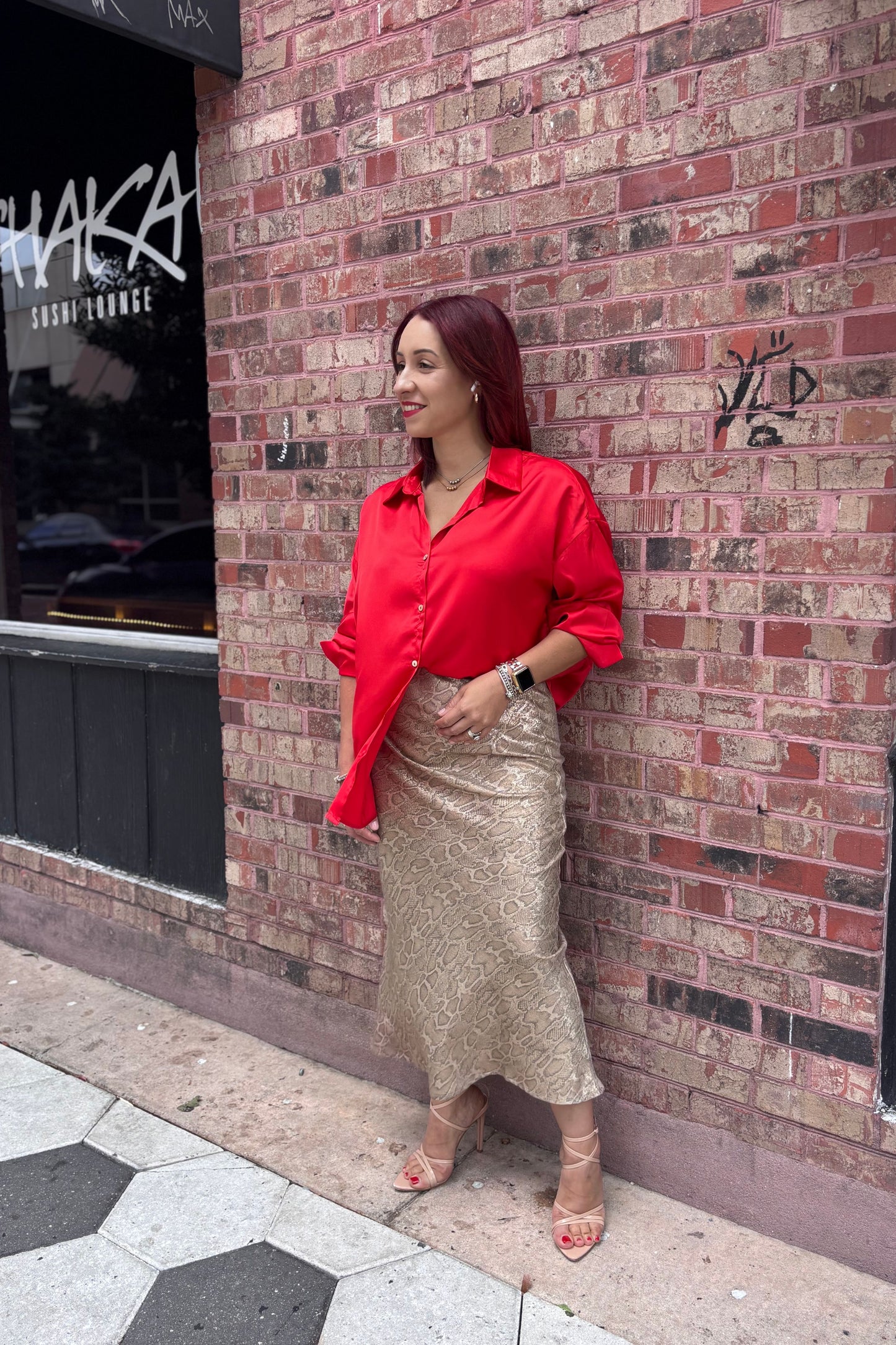 TAUPE SNAKE PRINT MIDI SKIRT